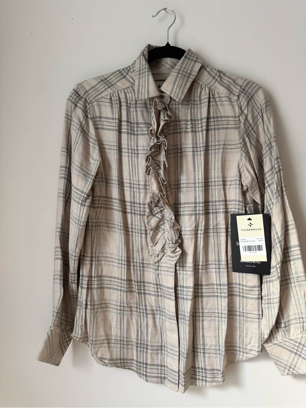 Tuckernuck Beige Plaid Ruffle-Front Button-Down Shirt